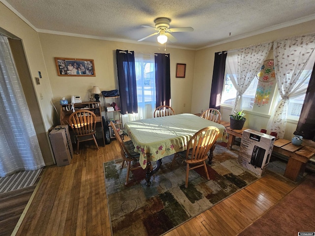 dining room with plenty of natural light, a textured ceiling, and hardwood / wood-style flooring