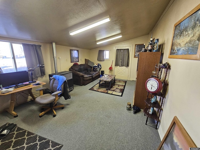 carpeted living room with lofted ceiling and a textured ceiling