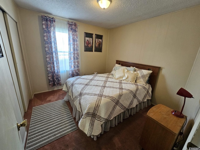 bedroom with carpet flooring, a textured ceiling, and a closet