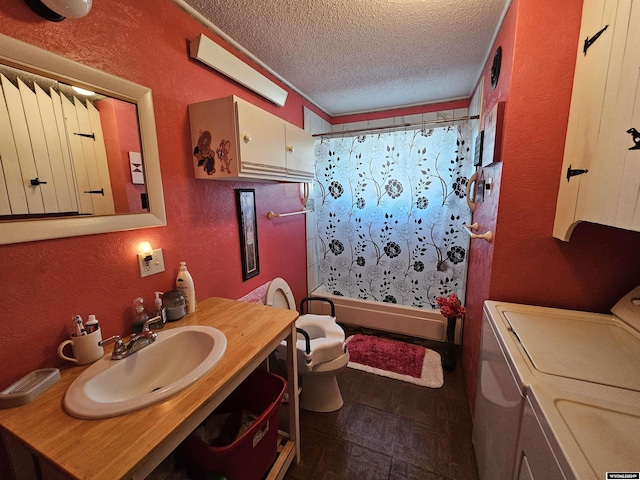 full bathroom featuring vanity, a textured ceiling, shower / bath combo with shower curtain, independent washer and dryer, and toilet