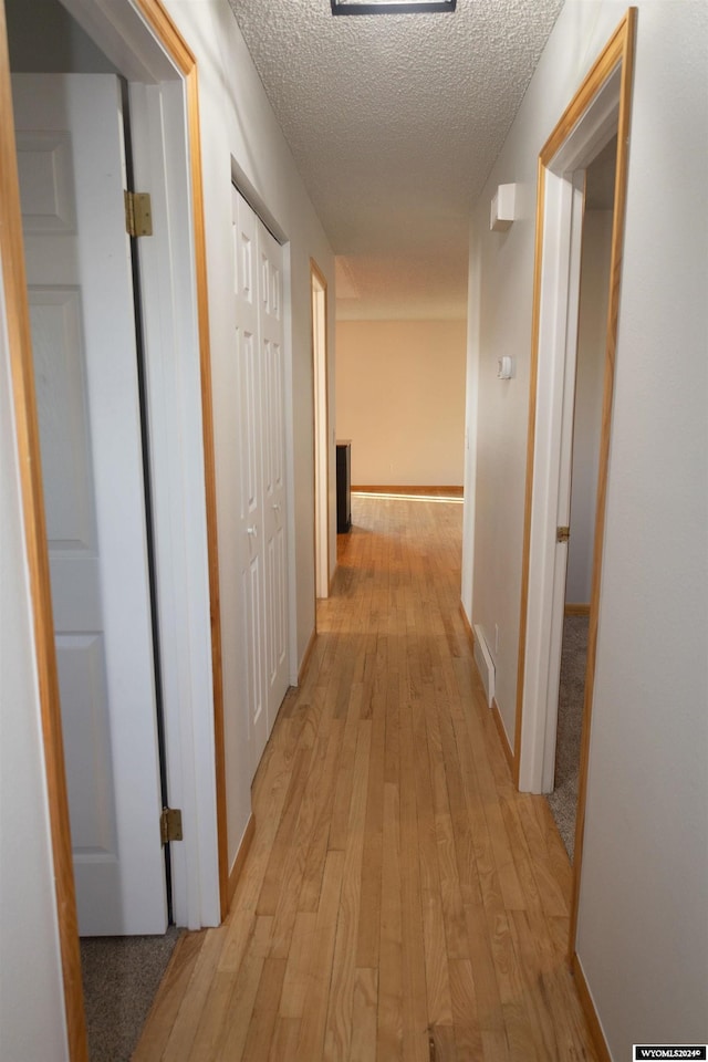 corridor featuring a textured ceiling and light hardwood / wood-style flooring