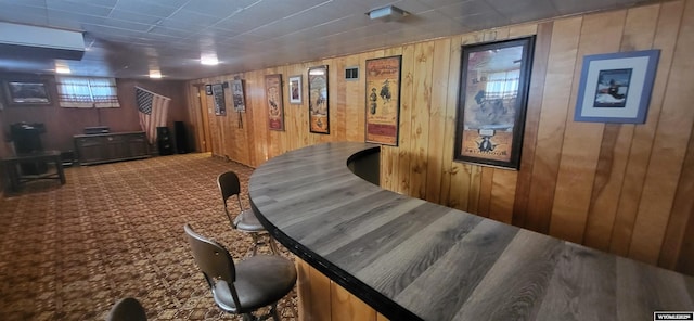 interior space featuring carpet flooring and wooden walls