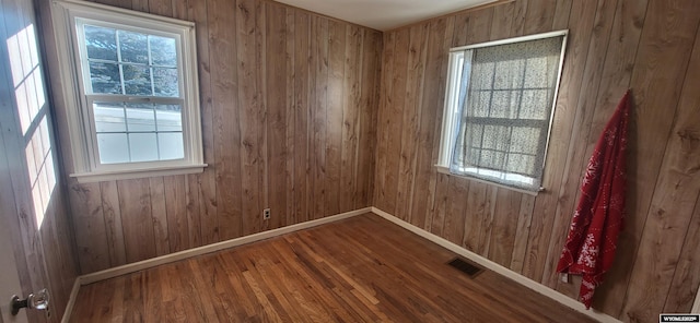 empty room featuring wood-type flooring, plenty of natural light, and wooden walls