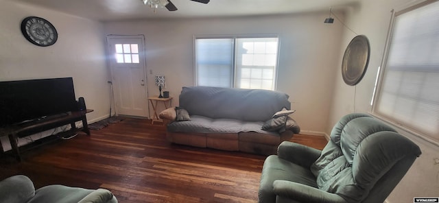 living room with ceiling fan and dark hardwood / wood-style flooring