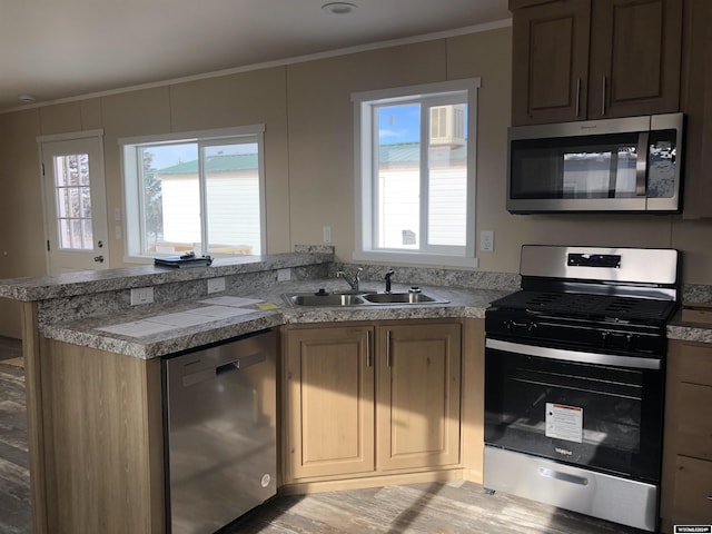 kitchen featuring sink, hardwood / wood-style flooring, ornamental molding, appliances with stainless steel finishes, and kitchen peninsula