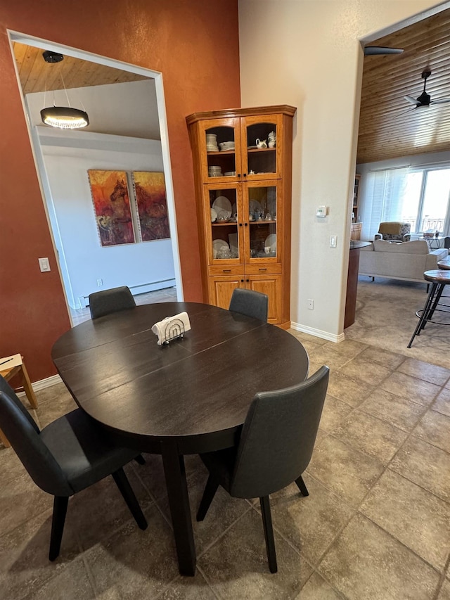 dining space with ceiling fan and wood ceiling