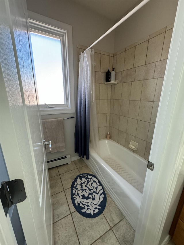 bathroom featuring tile patterned flooring, shower / bath combo with shower curtain, and a baseboard heating unit