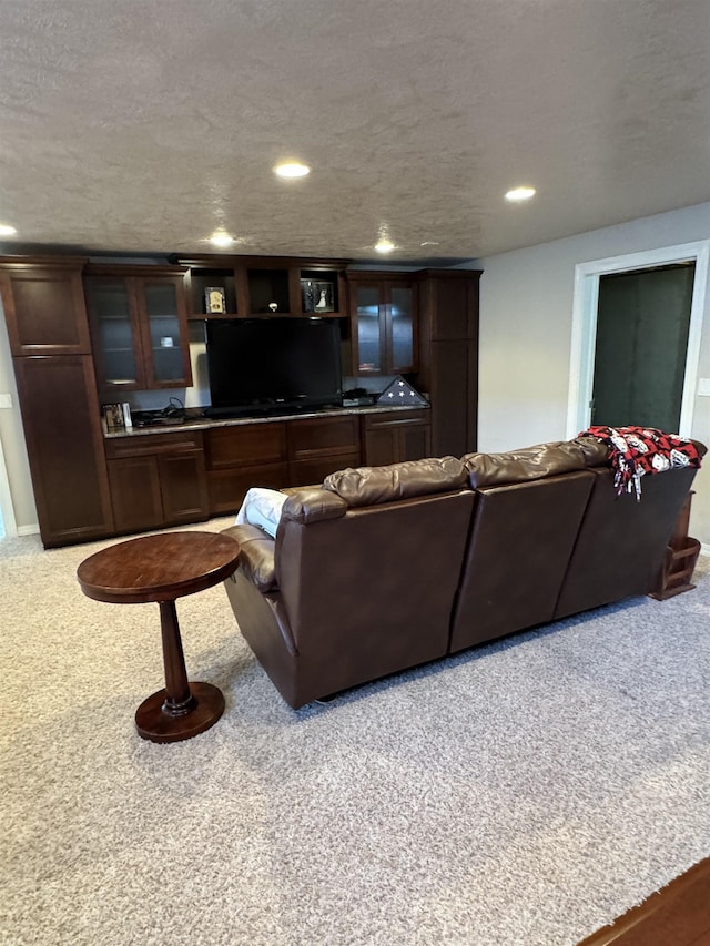 living room featuring a textured ceiling and light colored carpet