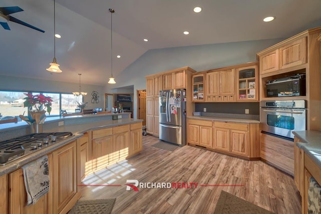 kitchen with hanging light fixtures, vaulted ceiling, ceiling fan, light wood-type flooring, and stainless steel appliances