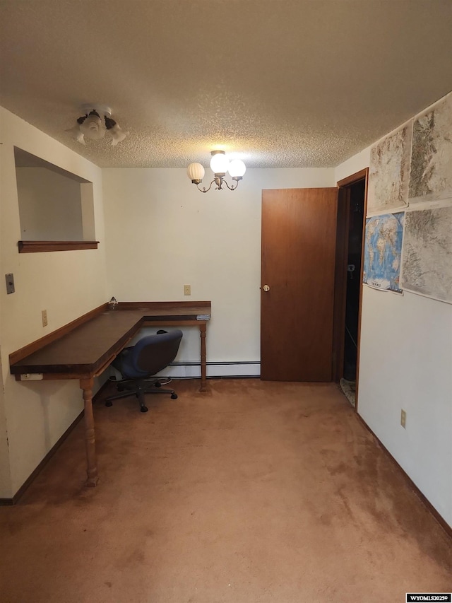 unfurnished office featuring a chandelier, carpet, a baseboard radiator, and a textured ceiling