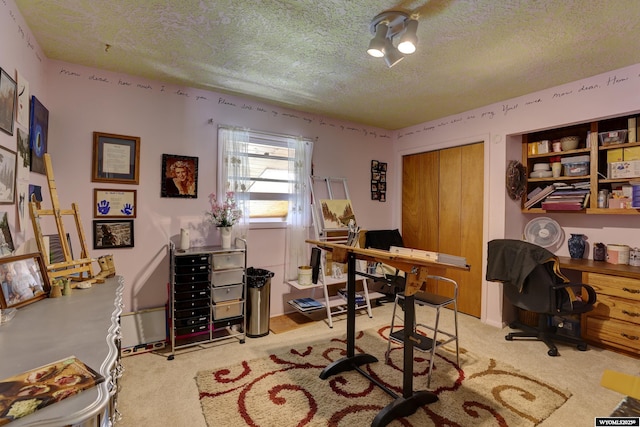 office with a textured ceiling and light colored carpet