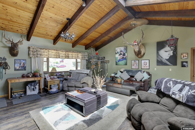 living room with lofted ceiling with beams, hardwood / wood-style floors, and wooden ceiling