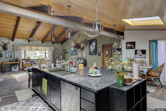 kitchen with wood ceiling, vaulted ceiling with skylight, a kitchen island with sink, dishwasher, and hanging light fixtures