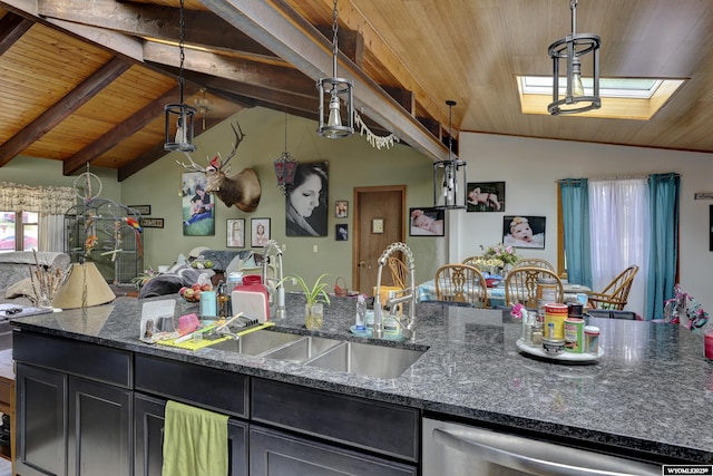 kitchen featuring stainless steel dishwasher, vaulted ceiling with skylight, sink, wooden ceiling, and hanging light fixtures