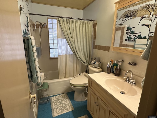 full bathroom featuring vanity, backsplash, shower / bath combination with curtain, toilet, and tile walls