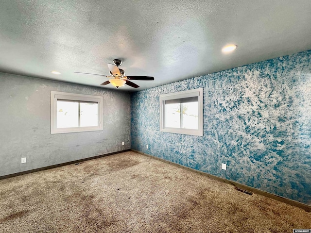 empty room with carpet flooring, a healthy amount of sunlight, and a textured ceiling