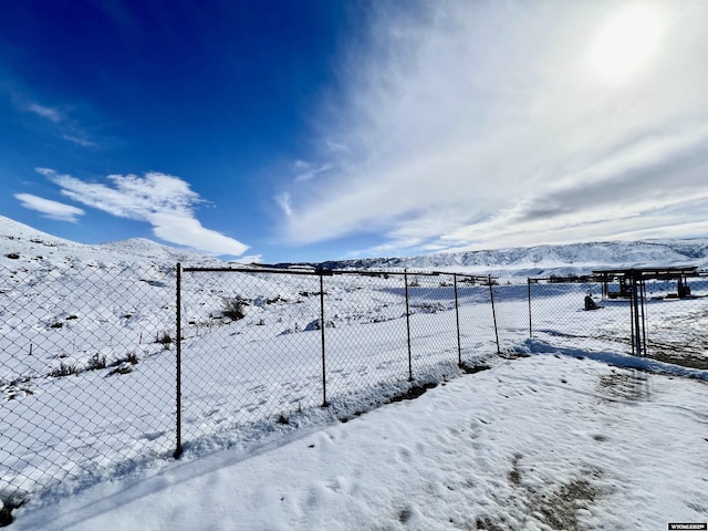 yard layered in snow with a mountain view