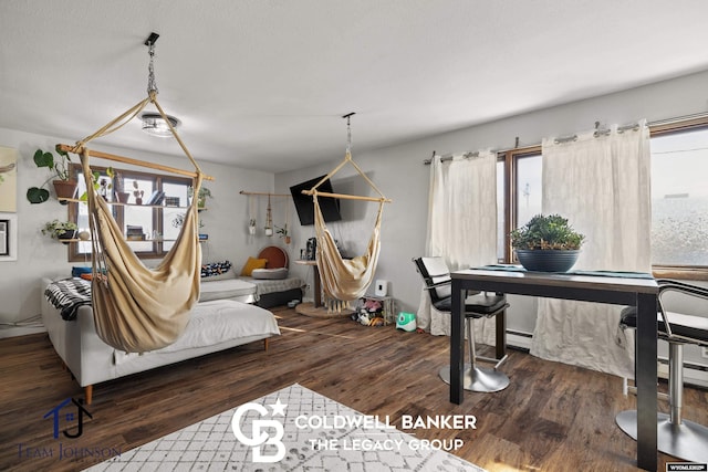 dining room with dark hardwood / wood-style flooring and baseboard heating