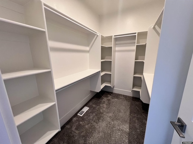 walk in closet featuring dark colored carpet