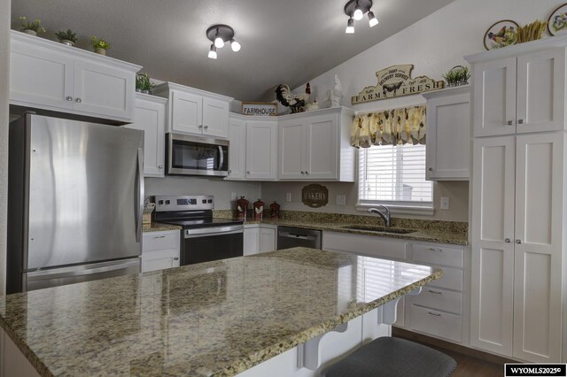 kitchen featuring stainless steel appliances, white cabinetry, lofted ceiling, and sink