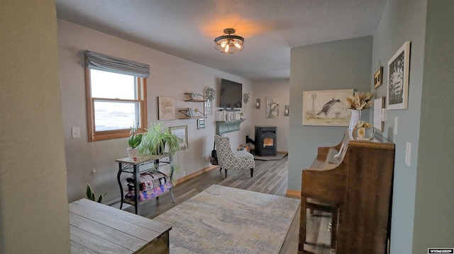 interior space with hardwood / wood-style floors and a wood stove