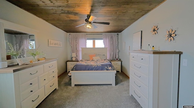 bedroom featuring ceiling fan, carpet, and wooden ceiling