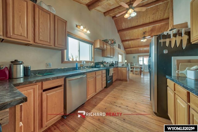 kitchen featuring vaulted ceiling with beams, wooden ceiling, sink, and stainless steel appliances