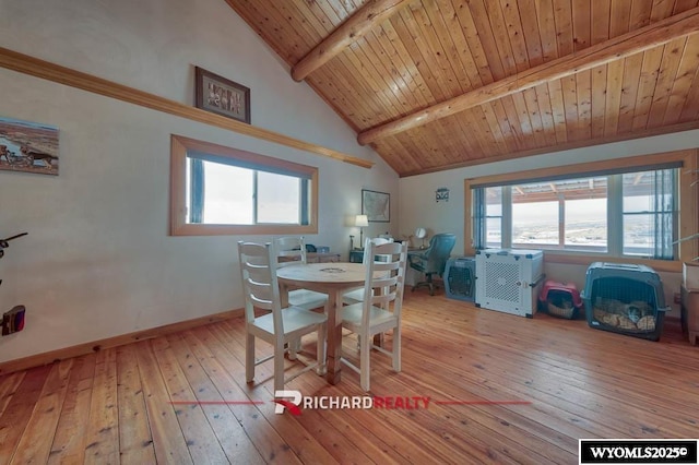 dining room featuring beamed ceiling, light hardwood / wood-style floors, high vaulted ceiling, and wood ceiling