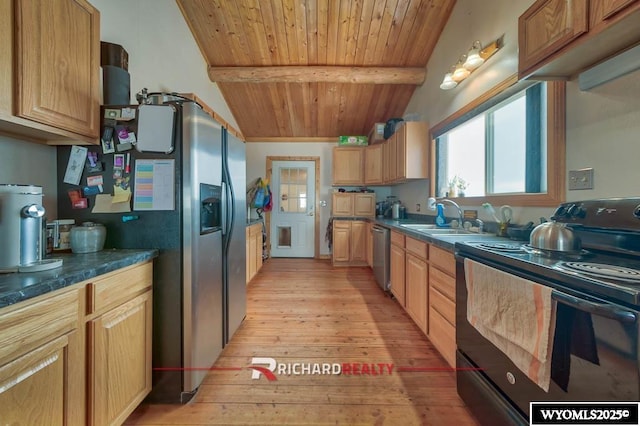 kitchen with appliances with stainless steel finishes, sink, wooden ceiling, vaulted ceiling with beams, and light hardwood / wood-style floors