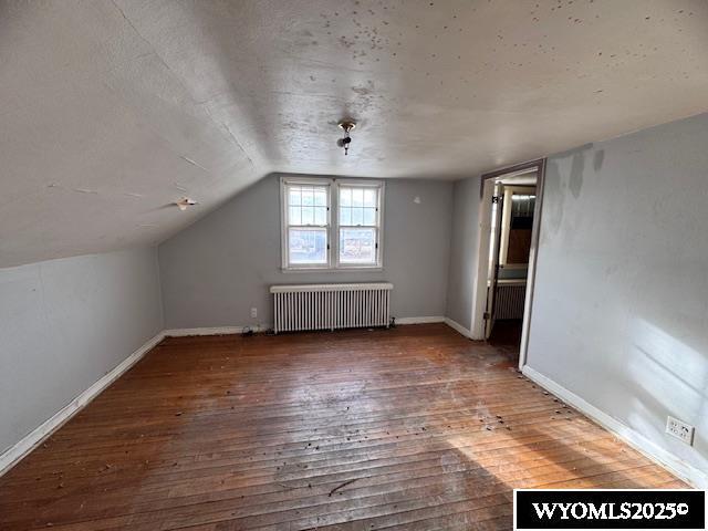 additional living space with dark hardwood / wood-style flooring, lofted ceiling, a textured ceiling, and radiator