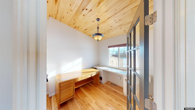 office space with lofted ceiling, wood ceiling, and light hardwood / wood-style flooring