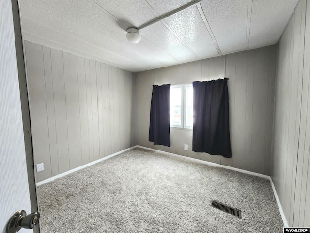 spare room featuring carpet floors and wood walls