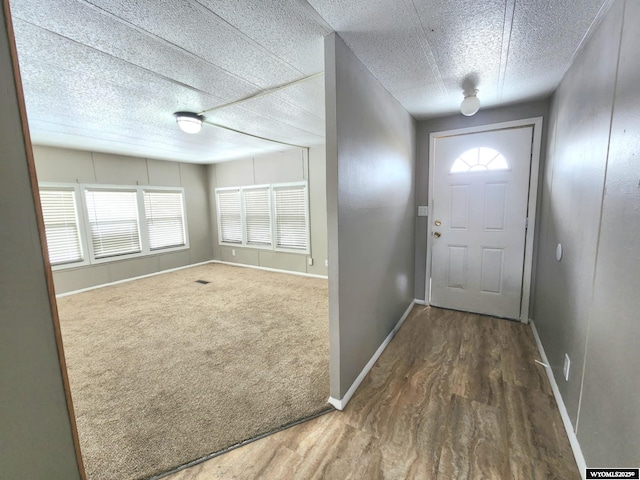 carpeted foyer entrance featuring a textured ceiling and a wealth of natural light