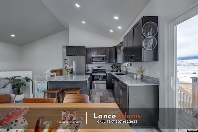 kitchen with a center island, light wood finished floors, stainless steel appliances, a sink, and light stone countertops