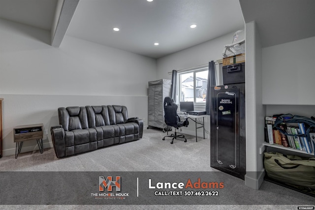 carpeted office space with baseboards and recessed lighting