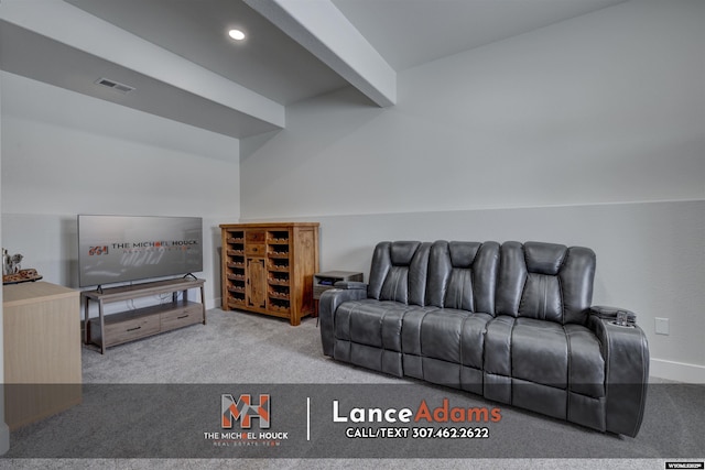 carpeted living room featuring beamed ceiling, recessed lighting, visible vents, and baseboards