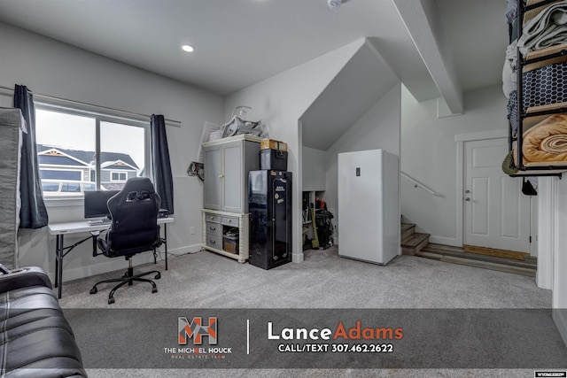 carpeted home office with recessed lighting, vaulted ceiling with beams, and baseboards