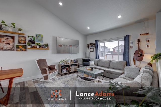 living area with baseboards, high vaulted ceiling, wood finished floors, and recessed lighting