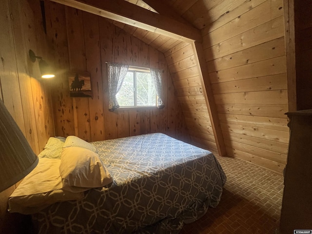 bedroom featuring wood walls, wooden ceiling, and lofted ceiling