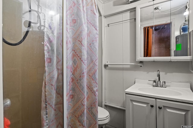 bathroom with vanity, curtained shower, and toilet