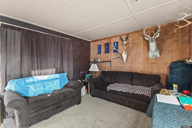 living room featuring wooden walls and carpet