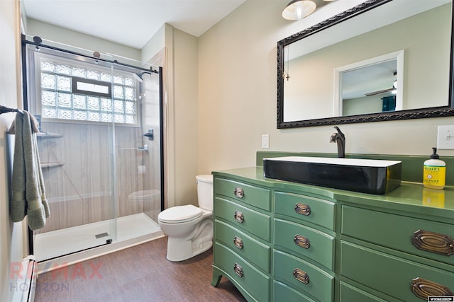 bathroom with vanity, toilet, and a shower with shower door