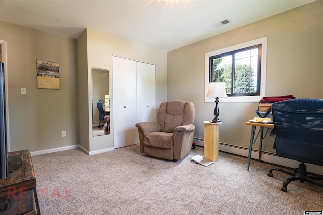 living area featuring light carpet