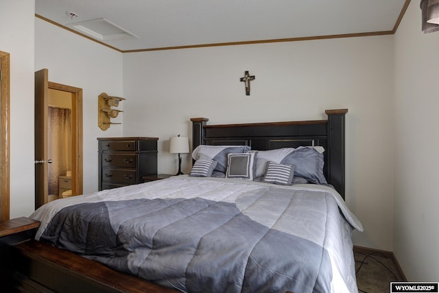 bedroom with ornamental molding, carpet, and lofted ceiling