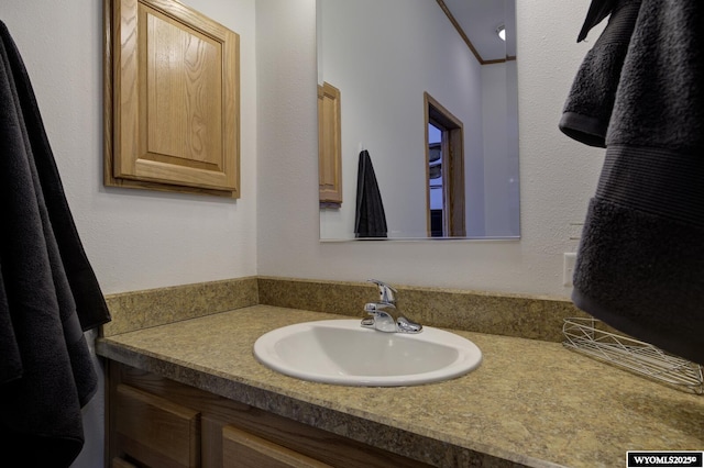 bathroom featuring ornamental molding and vanity