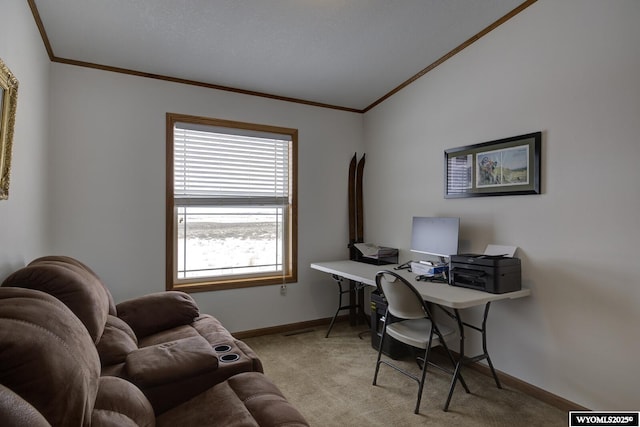 home office featuring light colored carpet and ornamental molding