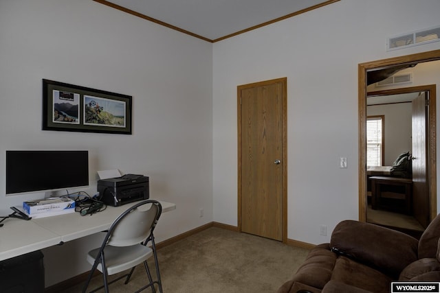 carpeted office featuring ornamental molding