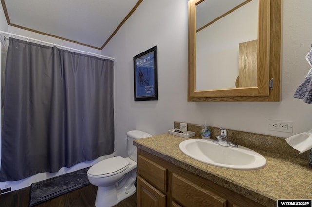 bathroom featuring lofted ceiling, ornamental molding, toilet, and vanity