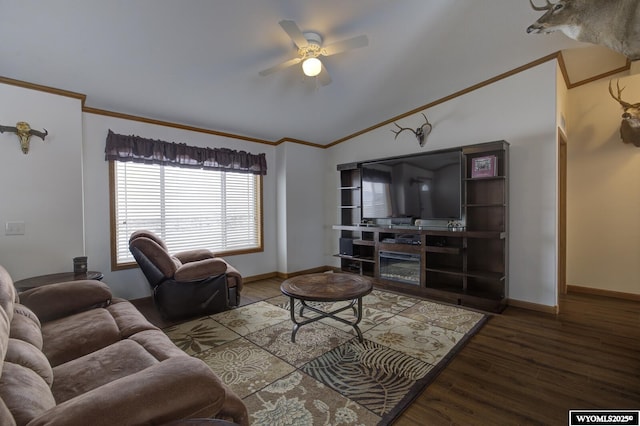 living room featuring lofted ceiling, hardwood / wood-style floors, crown molding, and ceiling fan