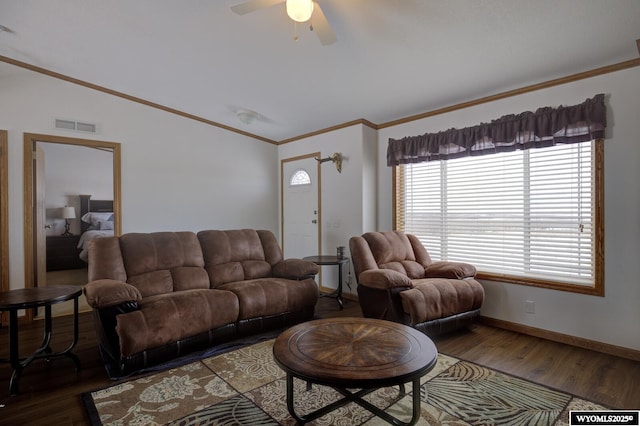 living room featuring crown molding, ceiling fan, plenty of natural light, and dark hardwood / wood-style flooring